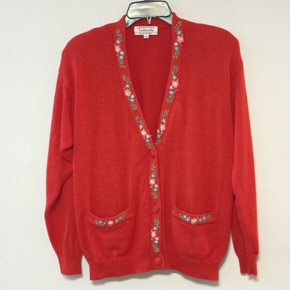 Vintage Talbots Susan Bristol Red Cotton Button Up Cardigan Floral Embroidered - Picture 1 of 14